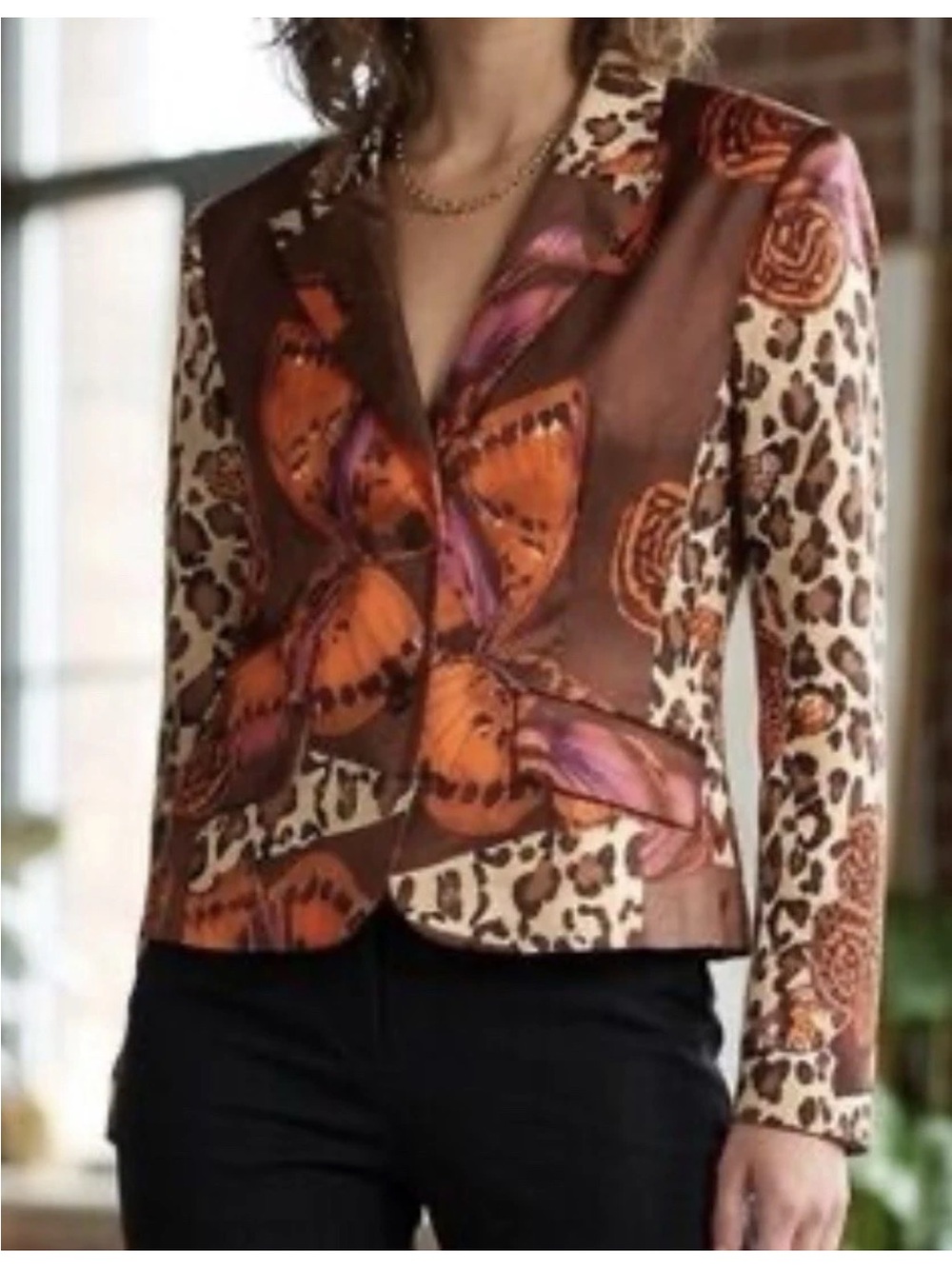 Russell Kemp Silk Butterfly Blazer Sz 12 Y2K Animal Leopard Statement Boho